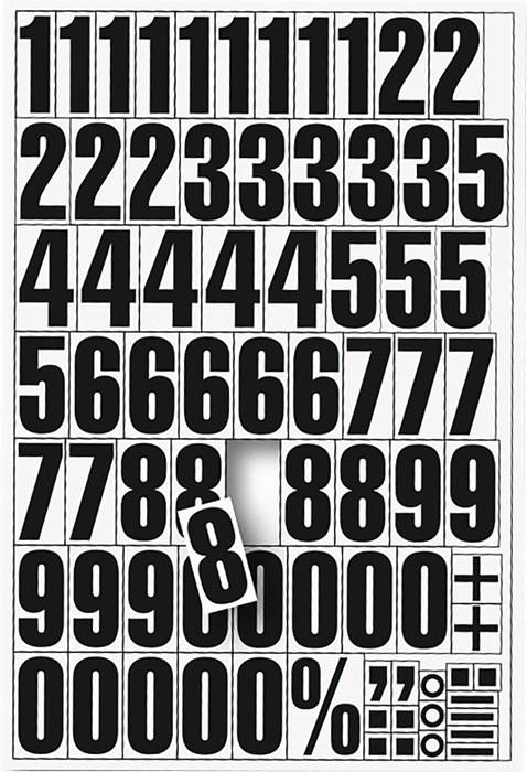 Schwarzweiß-Schriftblatt mit fetten Ziffern 1 bis 9, 0, sowie Symbolen wie %, +, °, und Linienblöcken in einem Gitter.