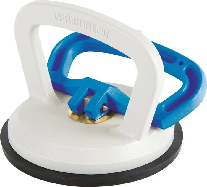 Ein Veribor Saugheber mit blauem Griff und weißer Basis, entwickelt zum Heben glatter, nicht poröser Materialien.