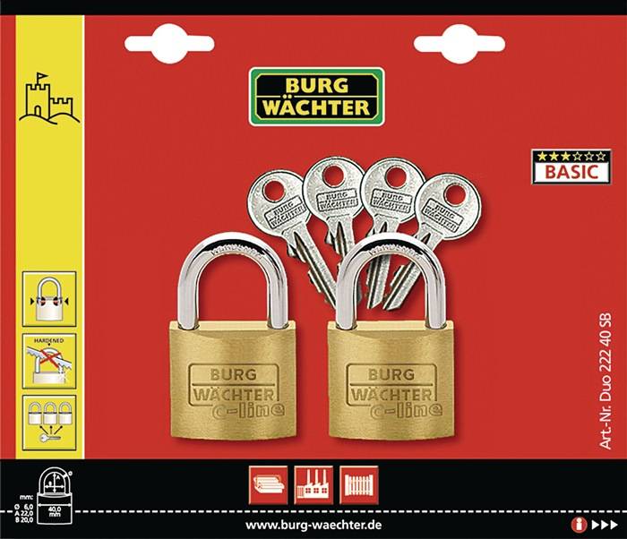 Zwei goldene Vorhängeschlösser und vier Schlüssel auf einem roten Paket mit der Beschriftung 'Burg Wächter', versehen mit Logo und Website-Informationen.