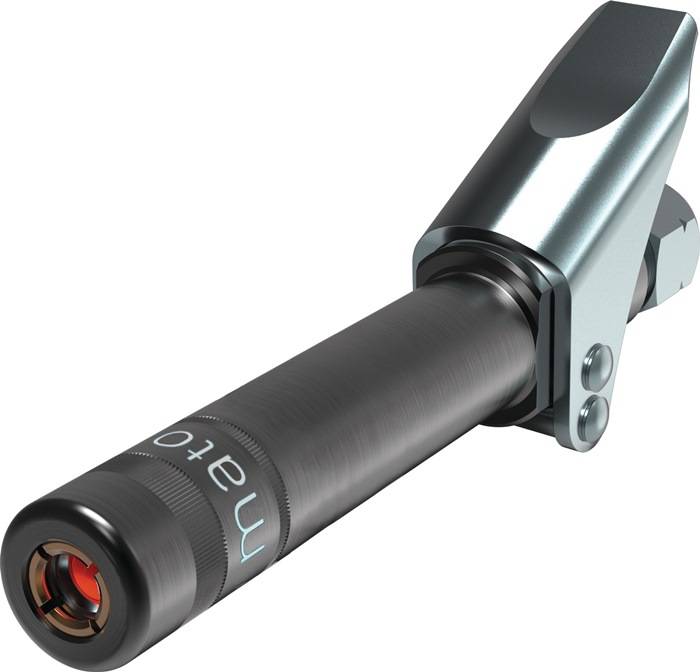 Eine Nahaufnahme eines schwarzen metallischen zylindrischen Werkzeugs oder Geräts mit einem glänzenden metallischen Griff, die detaillierte konstruktive und technische Details zeigt.