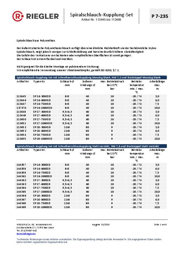 Spiralschlauchset ID 8mm AD 12mm L.6m Kuppl.DN 7,2 Rl.RIEGLER