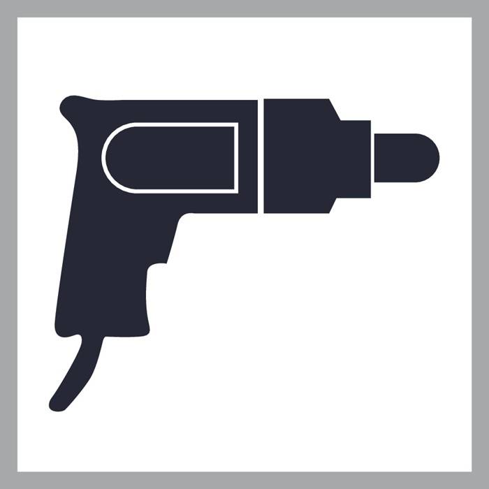 Ein Symbol einer Bohrmaschine, dargestellt in einem einfachen, durchgehenden Silhouetten-Stil in einem grau umrandeten Quadrat.
