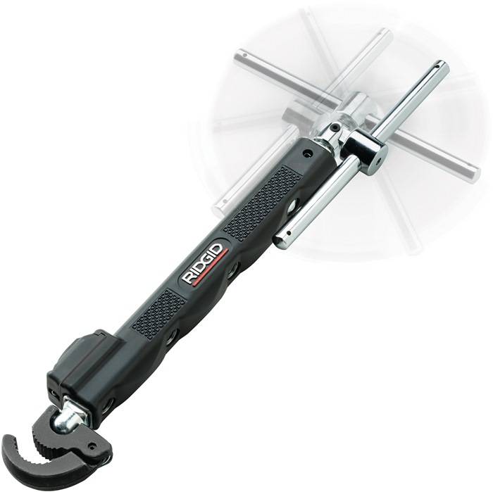 Ein schwarzer multifunktionaler Schraubenschlüssel mit verstellbarem Maul und Ratschenmechanismus, nützlich für verschiedene Installations- und mechanische Anwendungen.