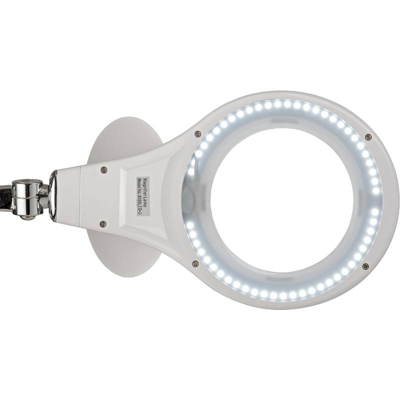 Eine weiße LED-Lupenlampe mit kreisförmiger Beleuchtung, montiert auf einem verstellbaren Metallarm.