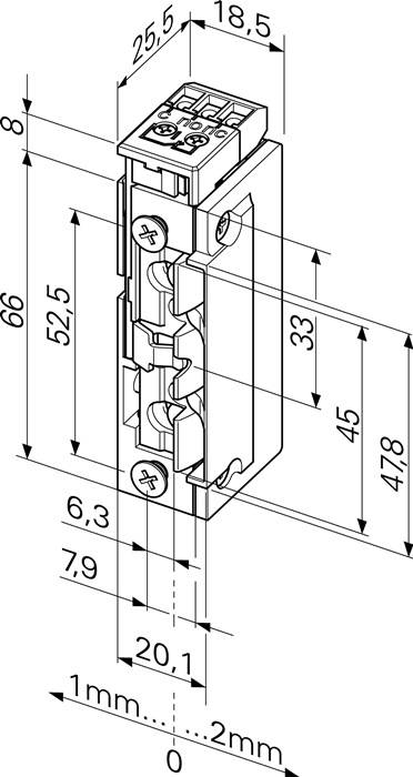 Eine technische Zeichnung, die die Abmessungen eines Riegelmechanismus mit folgenden Maßen zeigt: 66, 52,5, 33, 45, 47,8, 6,3 und 7,9 Millimeter.