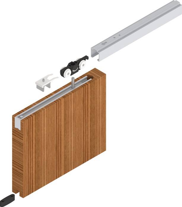 Schiebetürbeschlag-Systemdiagramm mit Schiene, Rollenmechanismus und Holztürblatt, das Installationskomponenten veranschaulicht.