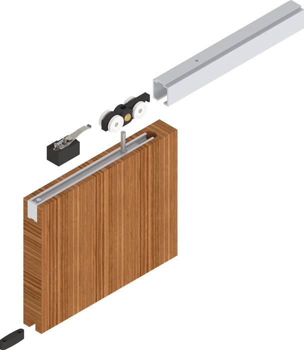 Schiebetürbausatz mit Schiene, Rollen und Holzpaneel. Die Komponenten werden in einer Explosionszeichnung dargestellt, um die Installationsabfolge zu veranschaulichen.