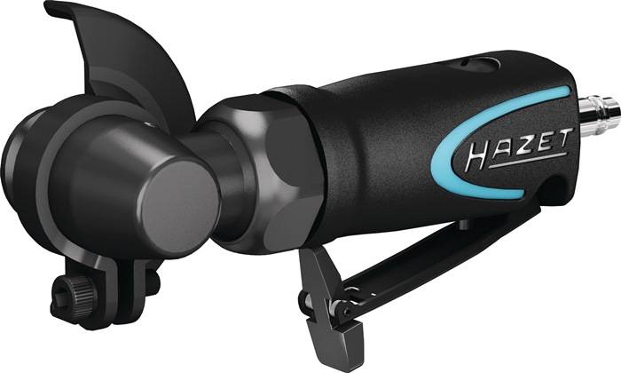 Nahaufnahme eines schwarzen Handgeräts mit blauem Akzent, das das Logo 'H' trägt. Das Werkzeug wirkt mechanisch und robust gebaut.