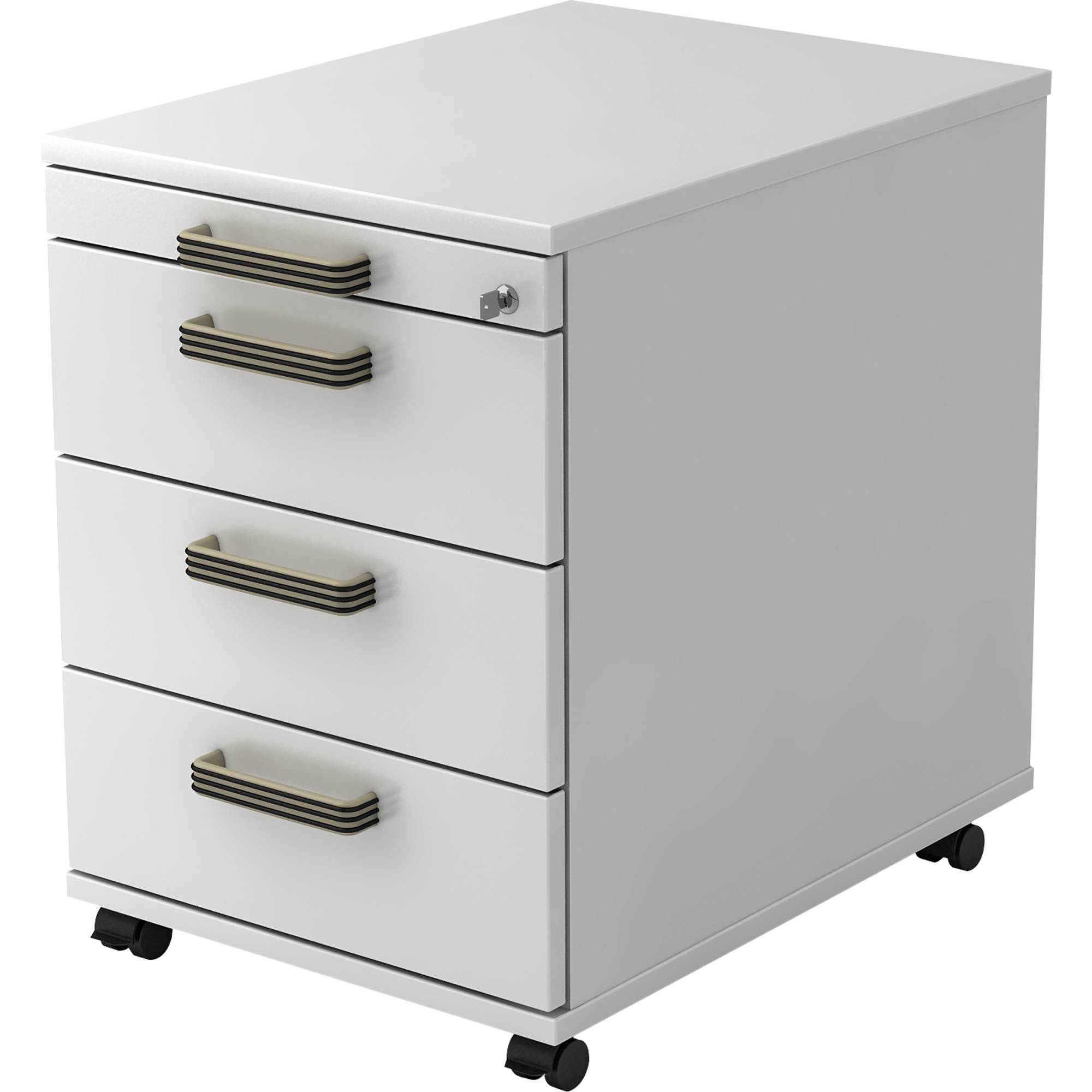 Rollcontainer 58cm 3 Schübe Schloss Streifengriff Weiß