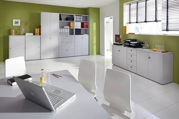 Schrank H2156xB400xT420mm weiß 6 OH 4 Schubl.Knaufgriff