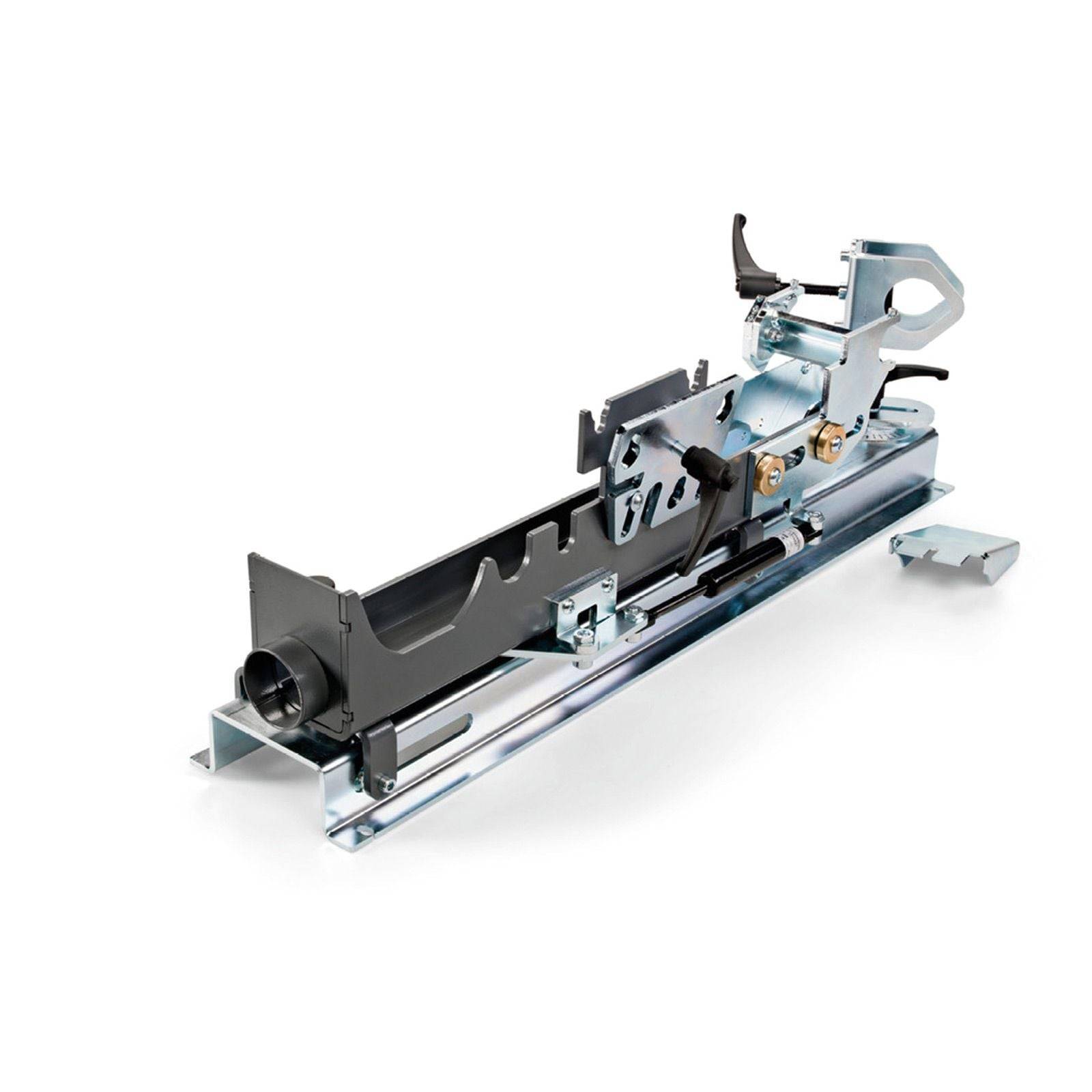Ein Metallführungssystem für Kreissägen, das für präzises Holzarbeiten entwickelt wurde, mit verstellbaren Komponenten und einer stabilen Basis, geeignet für exakte geradlinige Schnitte.