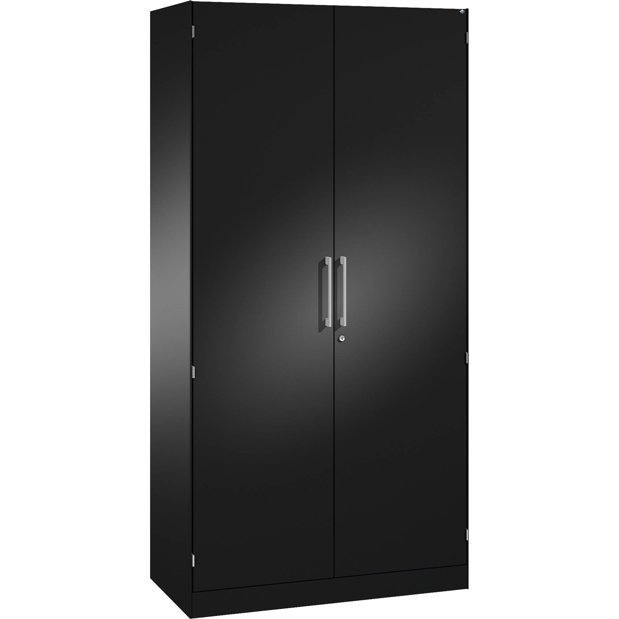 Schwarzer zweitüriger Lagerschrank mit silbernen Griffen, vor einem schlichten weißen Hintergrund dargestellt.