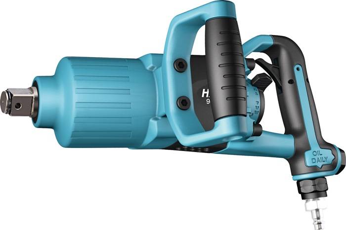 Darstellung eines blauen Werkzeugs mit schwarzem Griff, einstellbarem Drehrad und Etikett mit der Aufschrift H9, verwendet für Bau- oder Heimwerkerarbeiten.