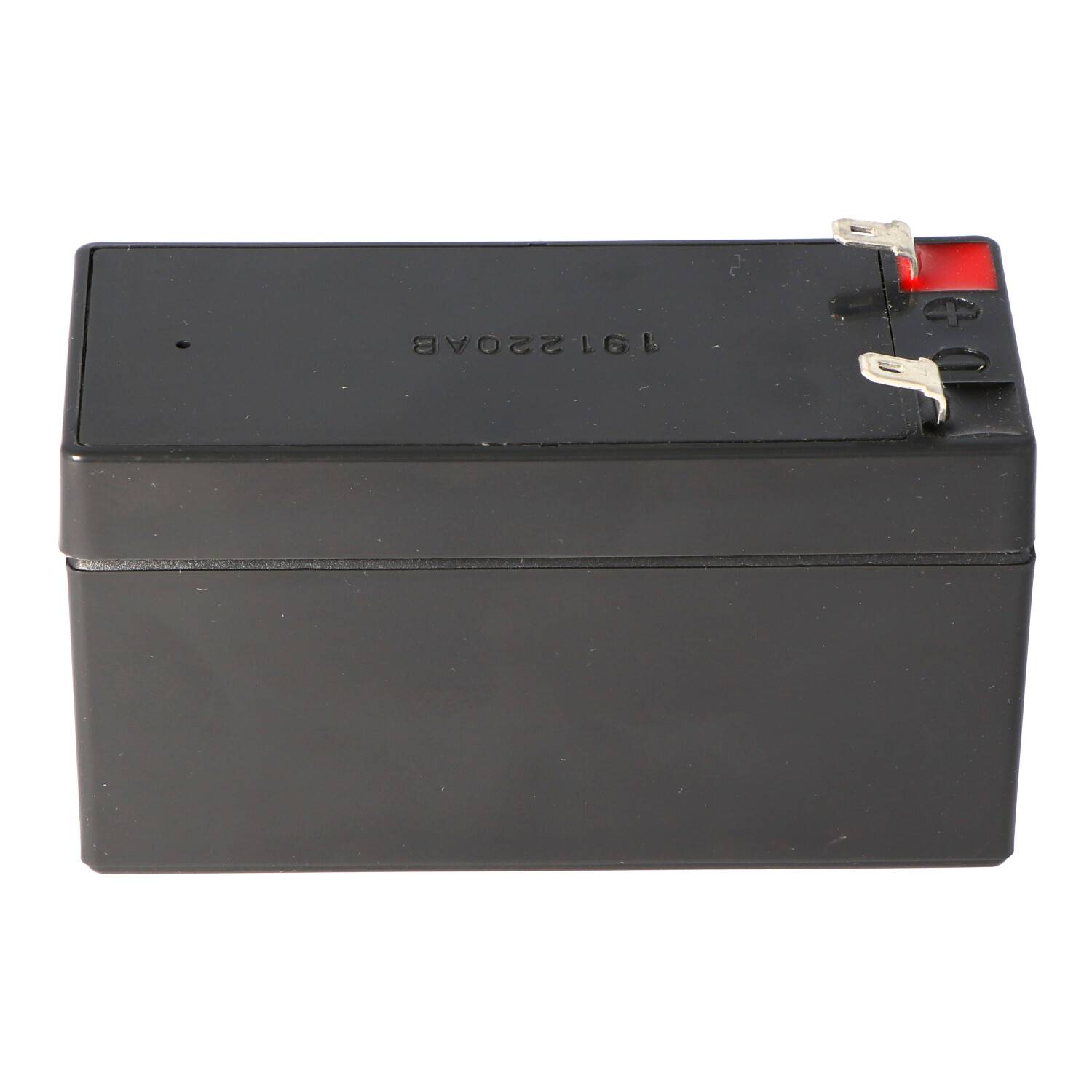 Schwarze rechteckige wiederaufladbare Batterie mit zwei Metallkontakten und roter Pluskappe, auf weißem Hintergrund dargestellt.