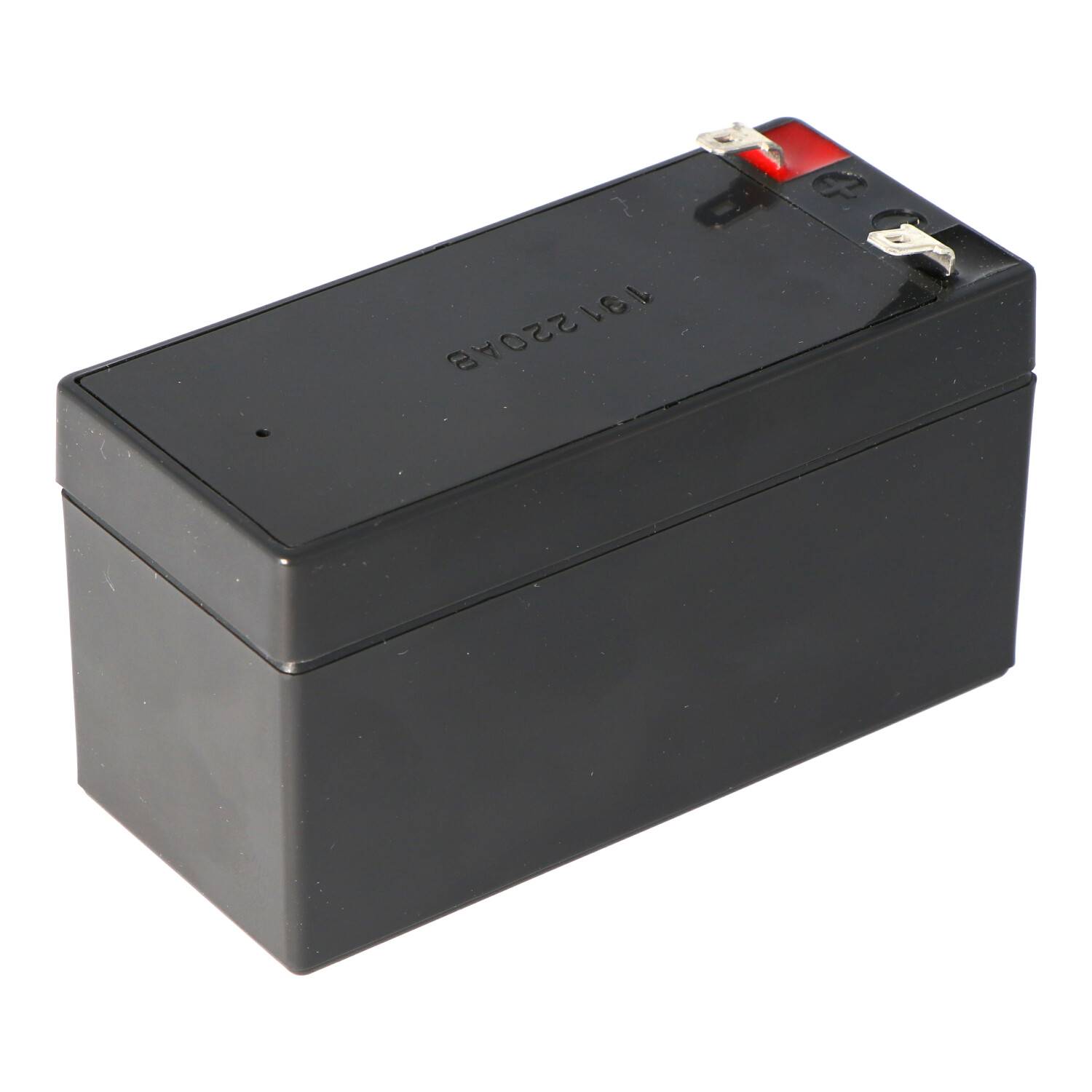 Schwarze rechteckige wiederaufladbare Batterie mit roten und weißen Anschlüssen oben.