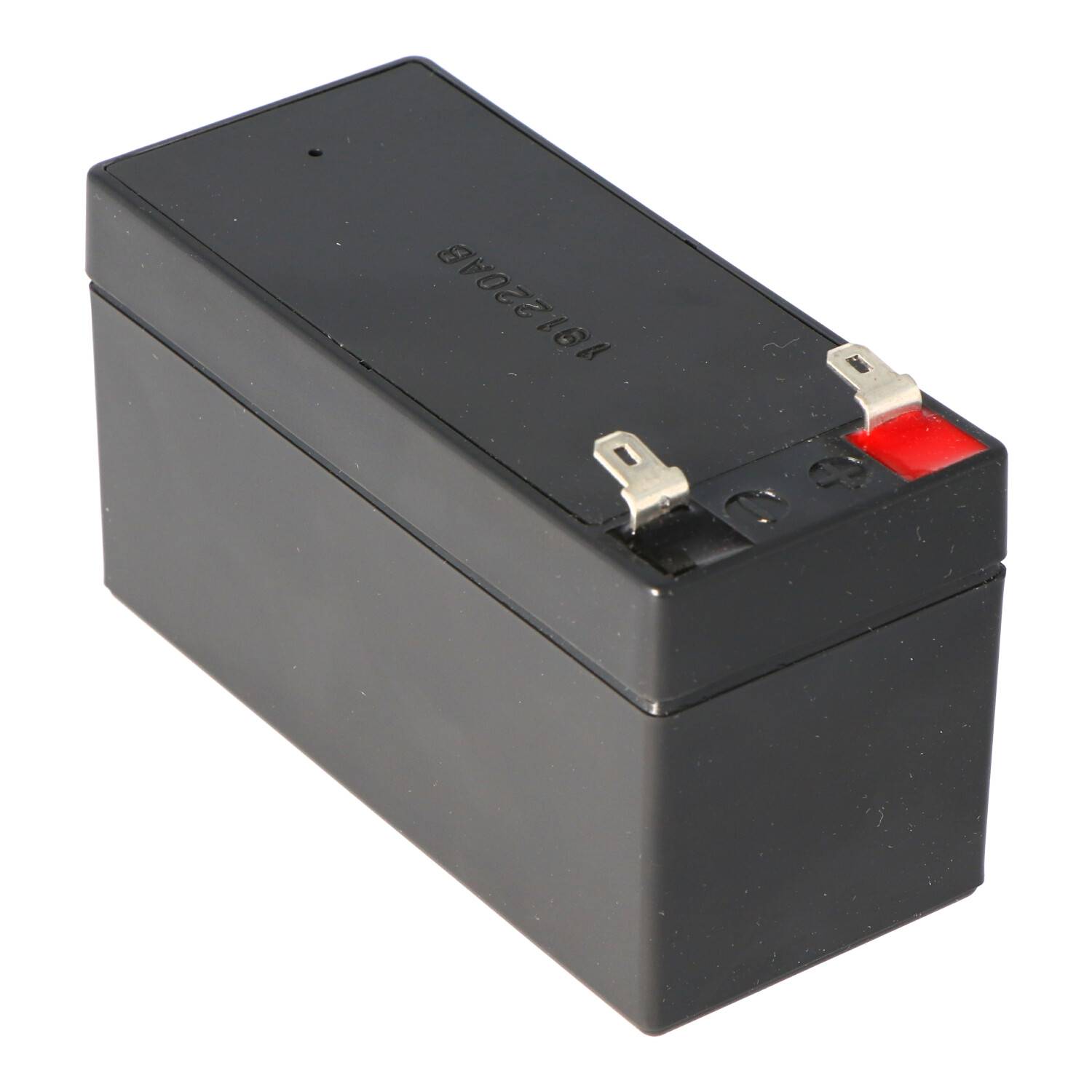 Schwarze rechteckige wiederaufladbare Batterie mit zwei Metallklemmen oben und einer roten Abdeckung für den Pluspol.