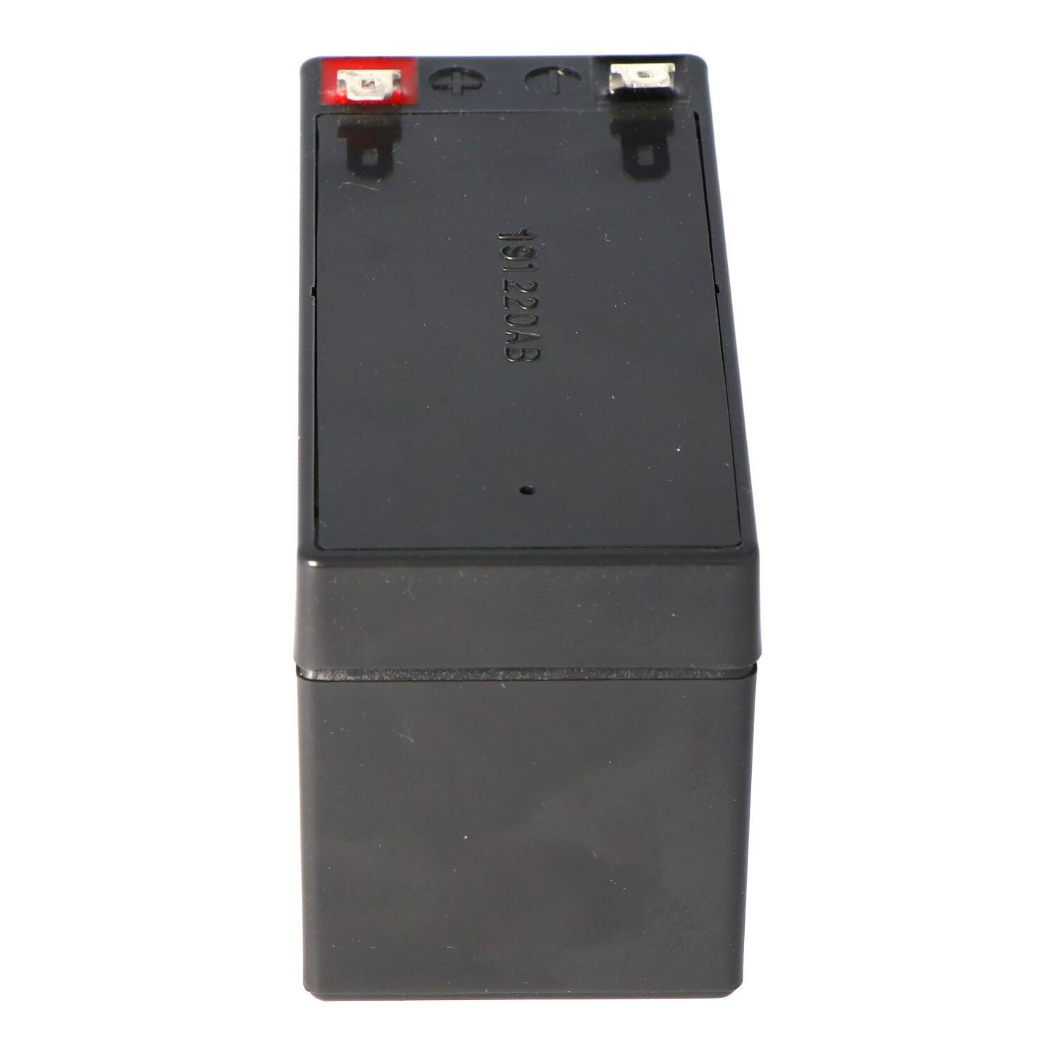 Schwarze rechteckige 12V 20Ah wiederaufladbare Batterie mit roten und weißen Anschlussklemmen oben.