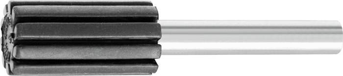 Nahaufnahme eines mechanischen Zahnrads mit schwarzen Zähnen auf einer Metallachse, die Ingenieurwesen oder Maschinenkomponenten veranschaulicht.