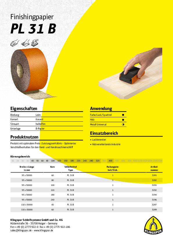Schleifrolle PL 31 B 110mm K.180 f.Farbe/Lack/Spachtel/Holz Korund KLINGSPOR