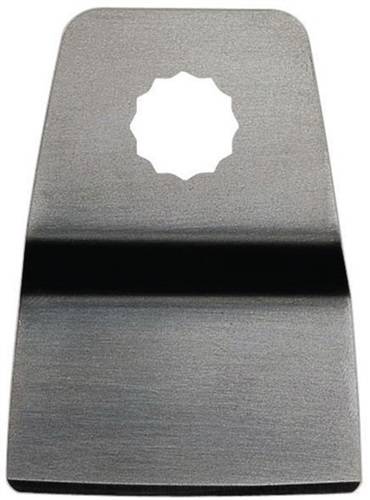 Ein tragbares Metall-Kratzer oder Klinge mit einer weißen sternförmigen Öffnung in der Nähe der Oberseite und einem schwarzen Griffbereich darunter.