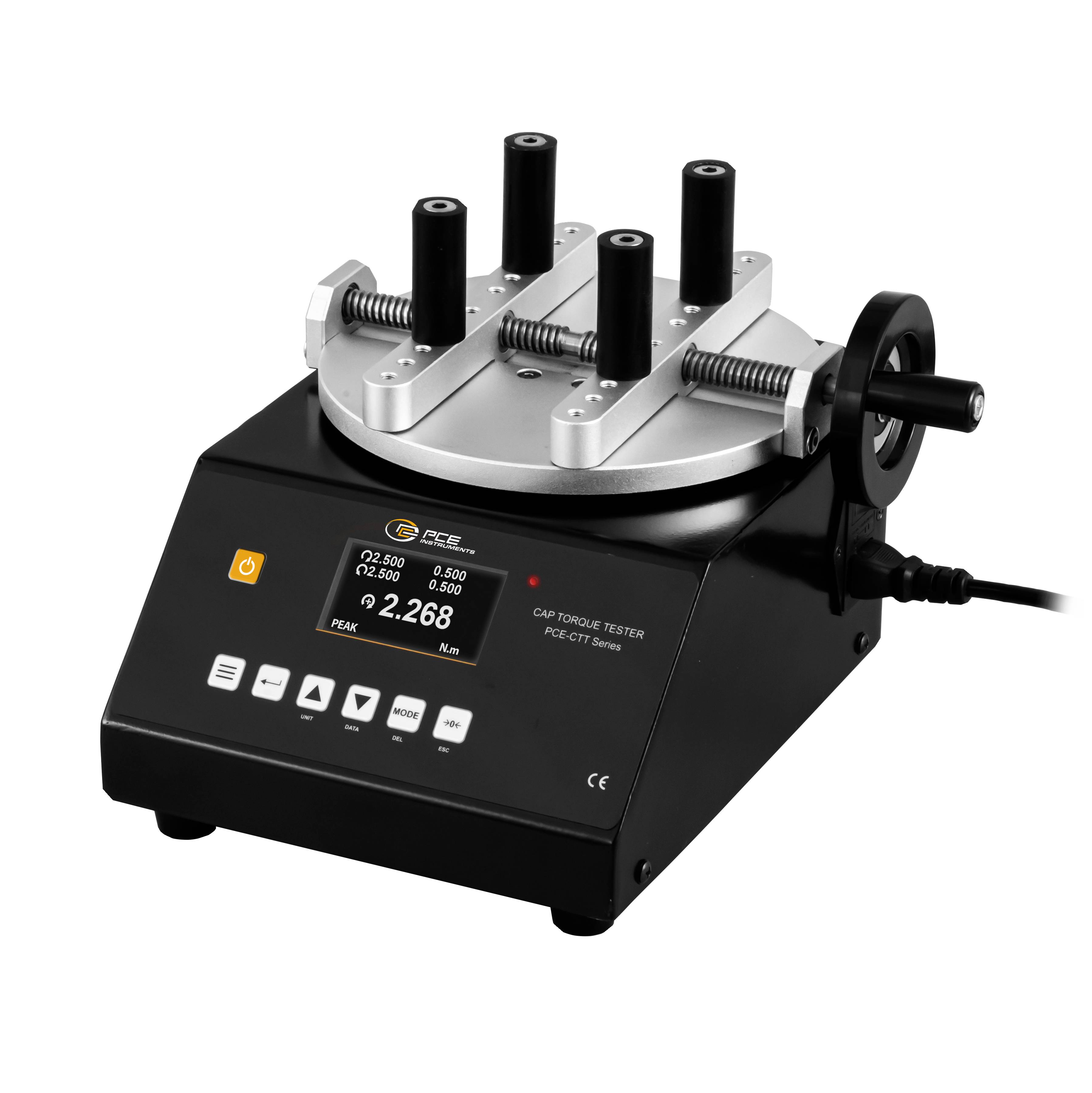Ein digitales Drehmoment-Messgerät für Verschlusskappen mit einer Anzeige von 2.268 N·m. Es verfügt über eine schwarze Basis mit Befestigungsklemmen und einen digitalen Bildschirm für Messwerte.