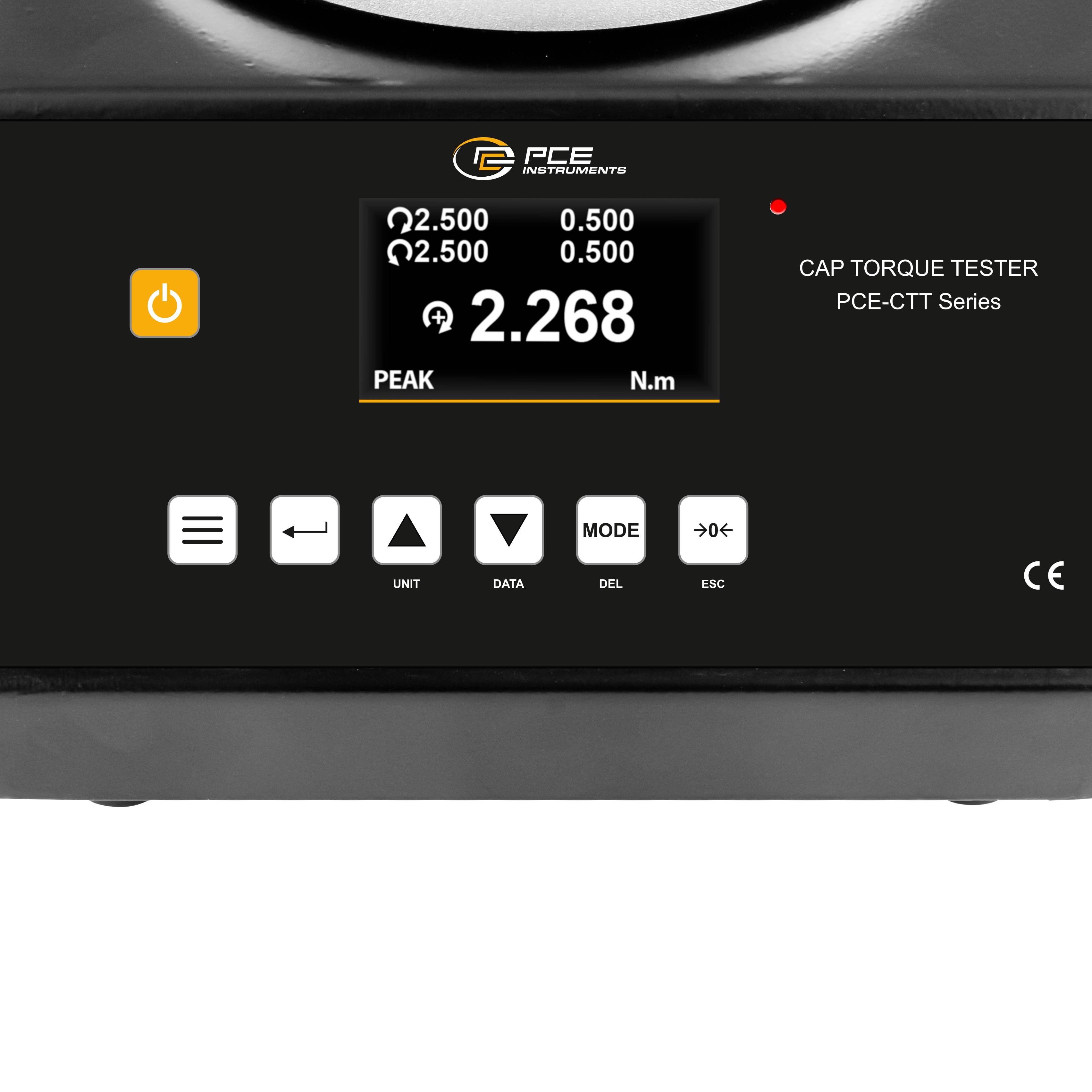PCE Instruments CAP Drehmoment-Messgerät', zeigt ein digitales Display mit Messwerten für maximales Drehmoment '2,26 N·m'.