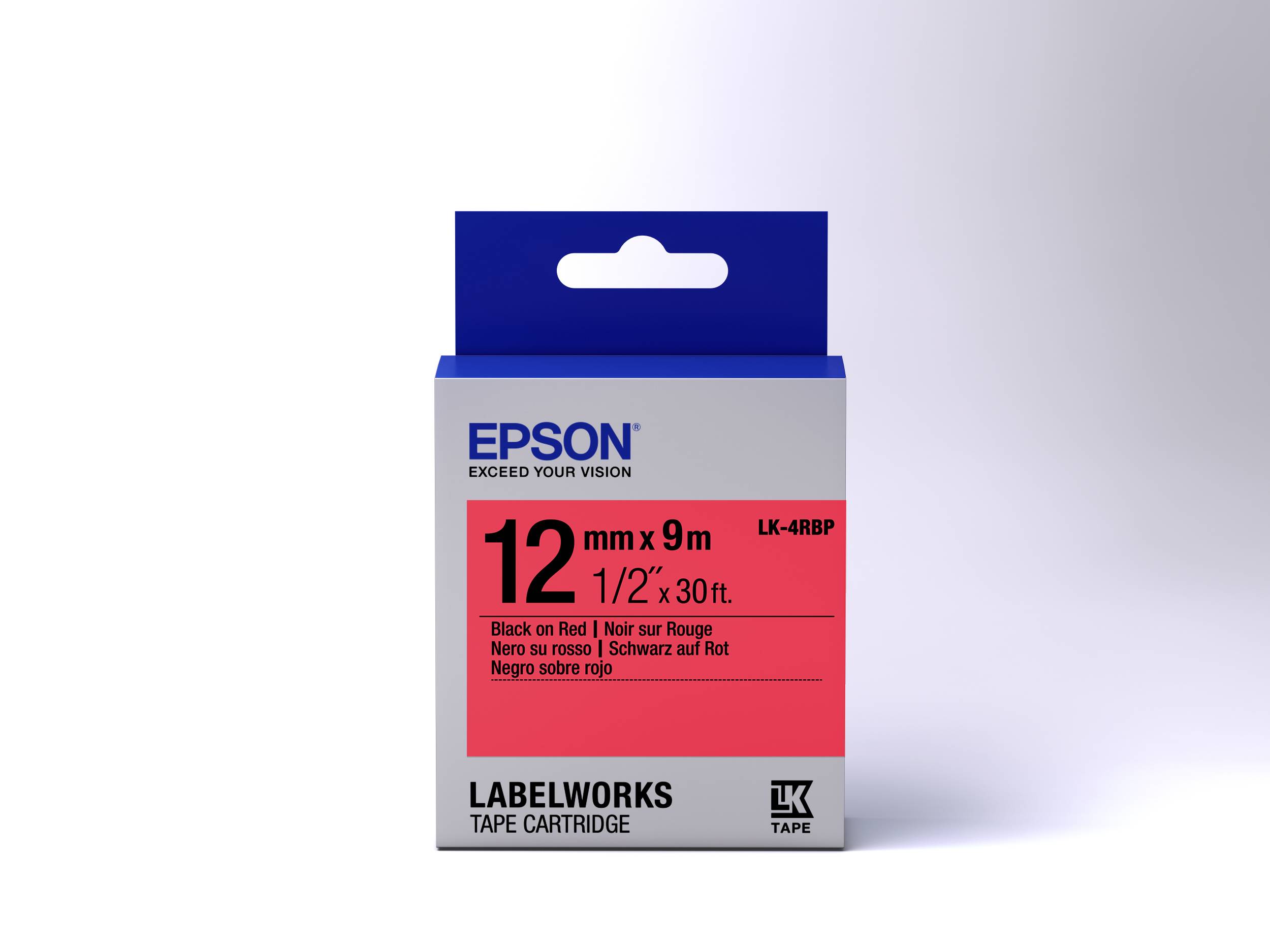 Epson LabelWorks Bandkassette, mit 12 mm x 9 m und 1/2 Zoll x 30 ft gekennzeichnet, Schwarz auf Rot.