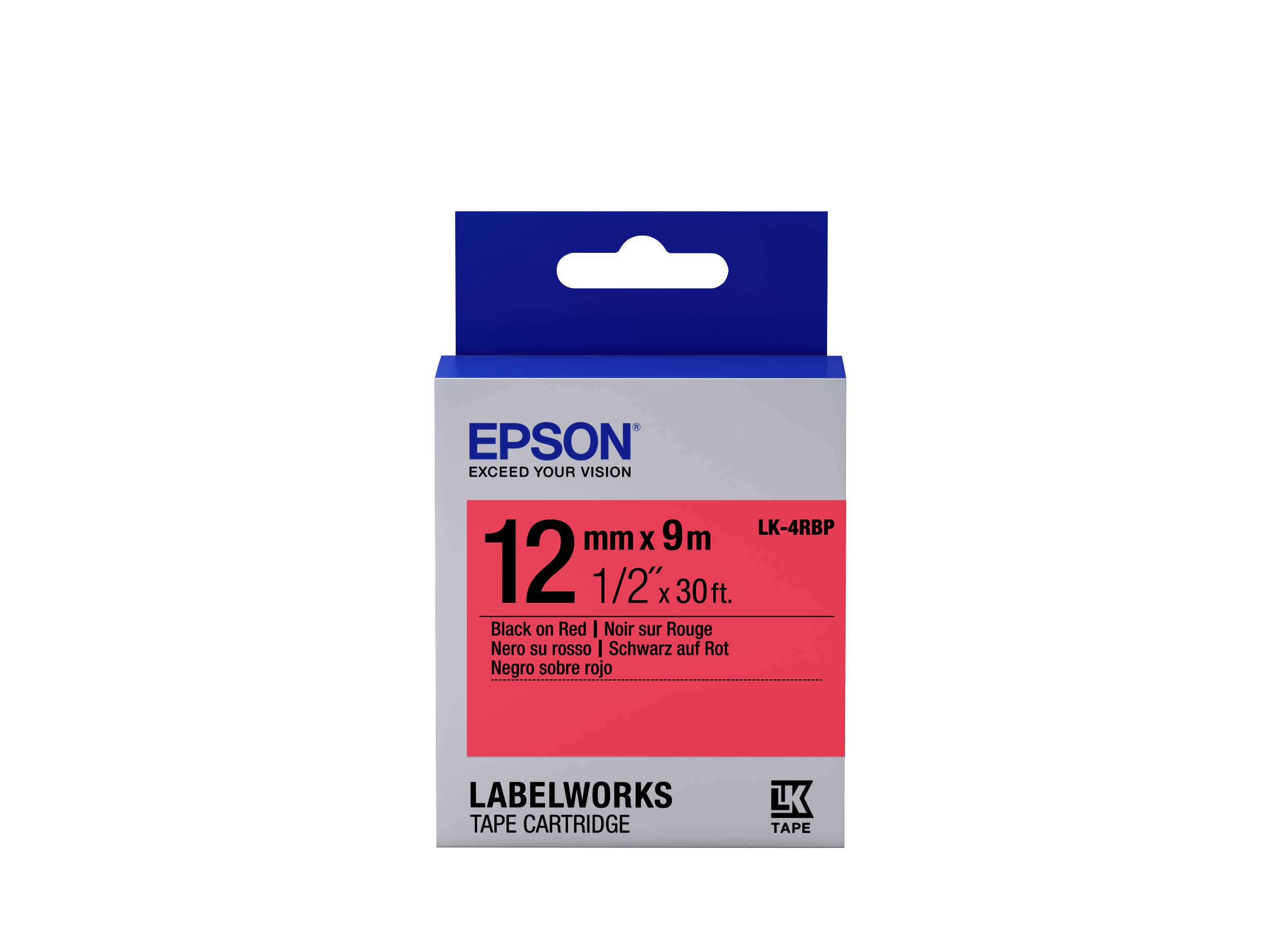 Epson LabelWorks Bandkassette Verpackung, beschriftet mit 12 mm x 9 m und 1/2 x 30 ft, schwarz auf rot, Modell LK-4RBP.