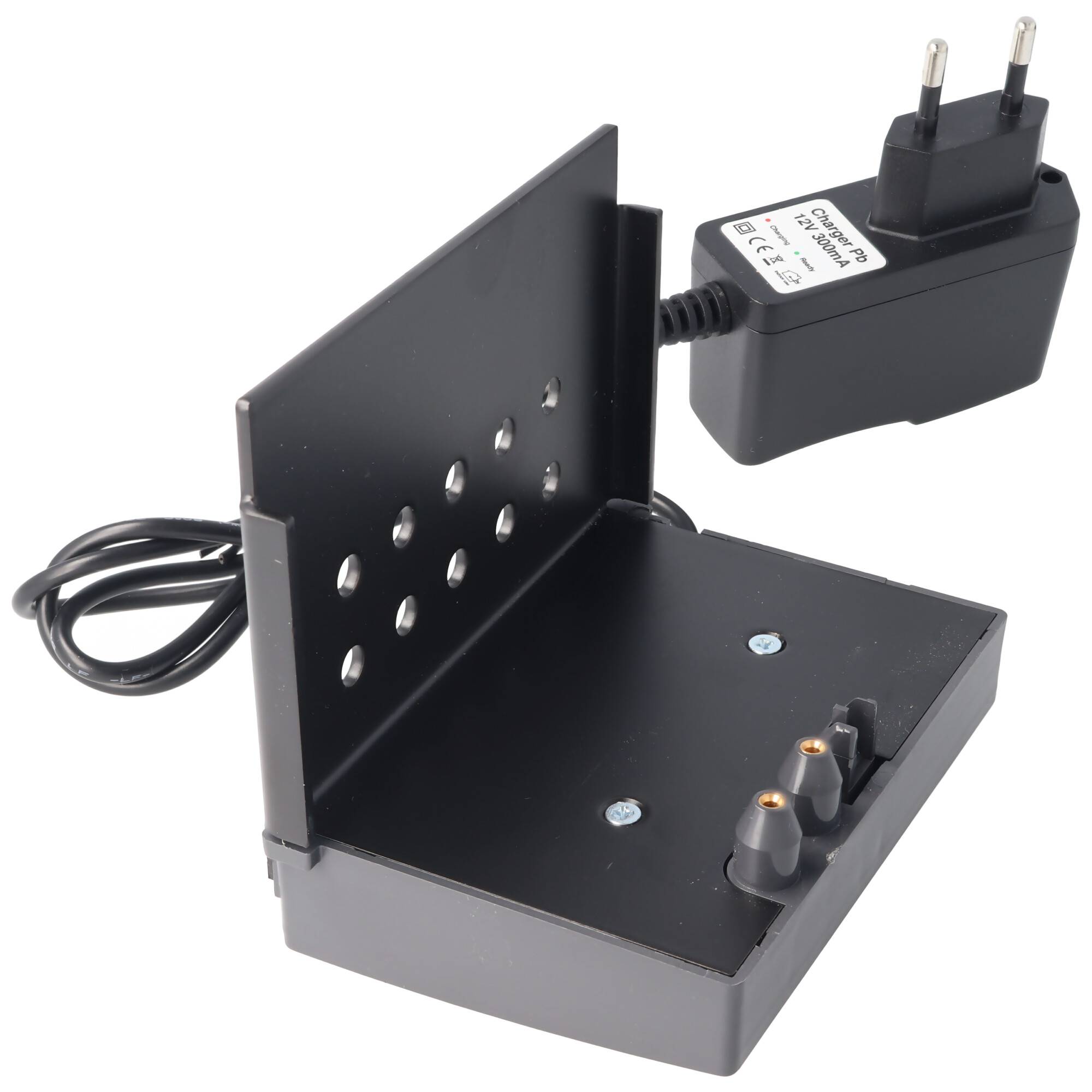 Schwarze elektronische Montagebasis mit perforiertem Aufrichtpanel, angebrachtem Netzteil und zwei Anschlussposten auf weißem Hintergrund.