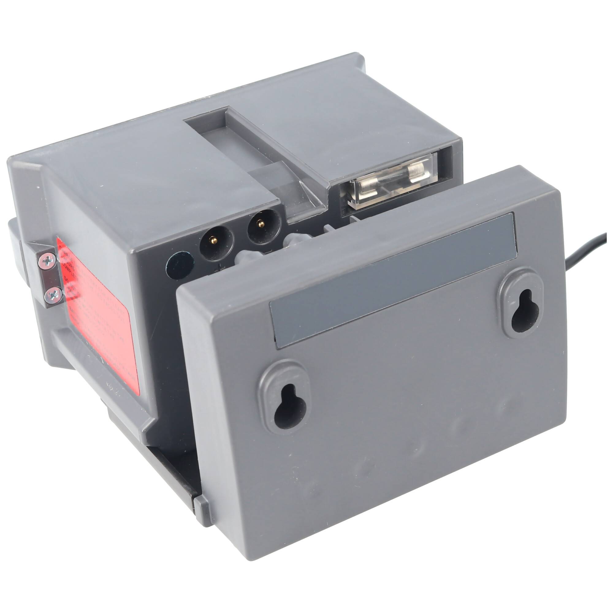 Graues elektronisches Gerät mit einer vorderen Abdeckung, zwei Schlüsselloch-Befestigungsschlitzen, Stromanschlüssen und einem sichtbaren Kabel, gezeigt vor weißem Hintergrund.