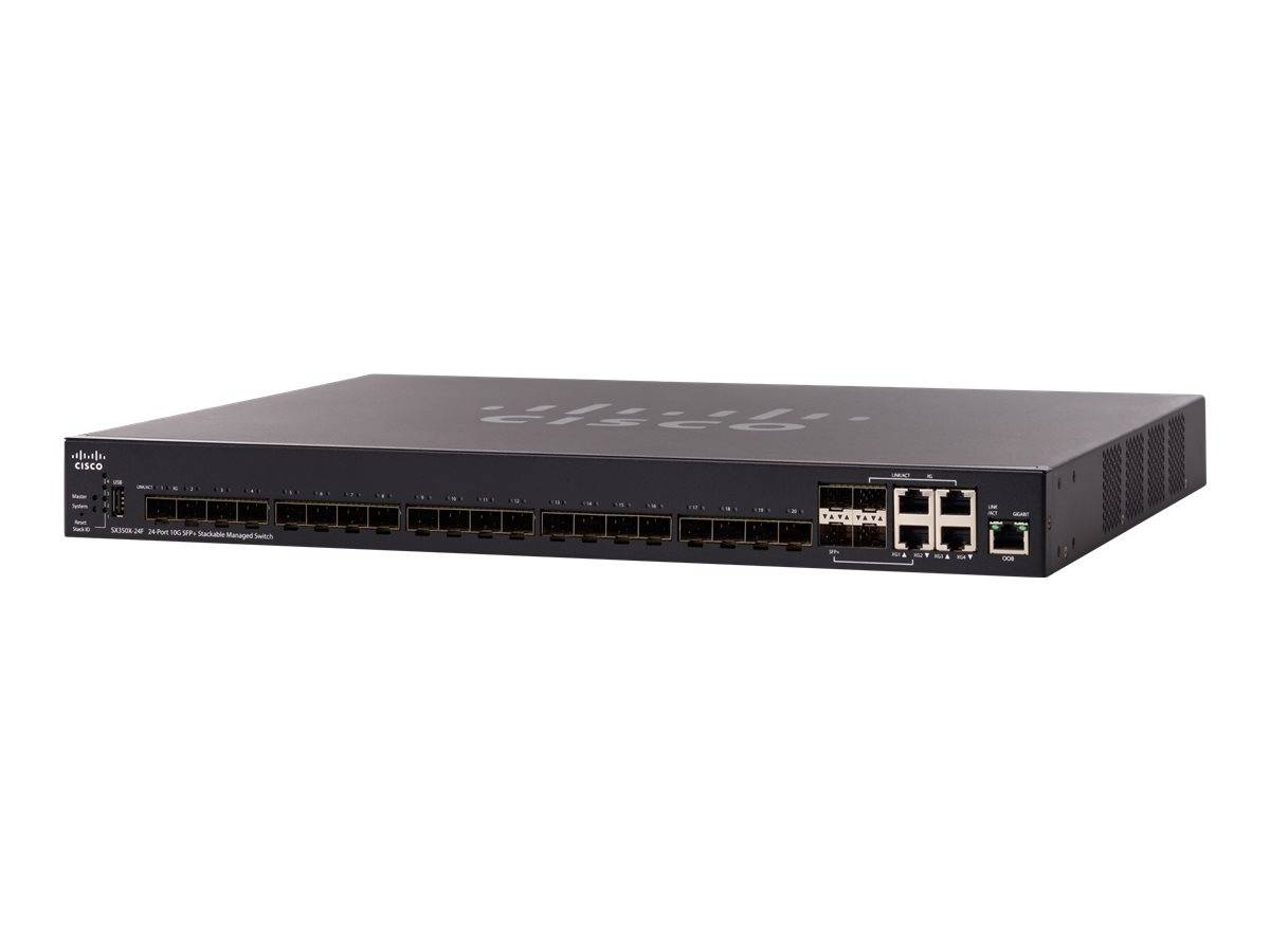 Schwarzer Netzwerk-Switch mit vielen Ethernet-Anschlüssen und vier größeren Uplink-Ports auf der rechten Seite, dargestellt auf weißem Hintergrund.