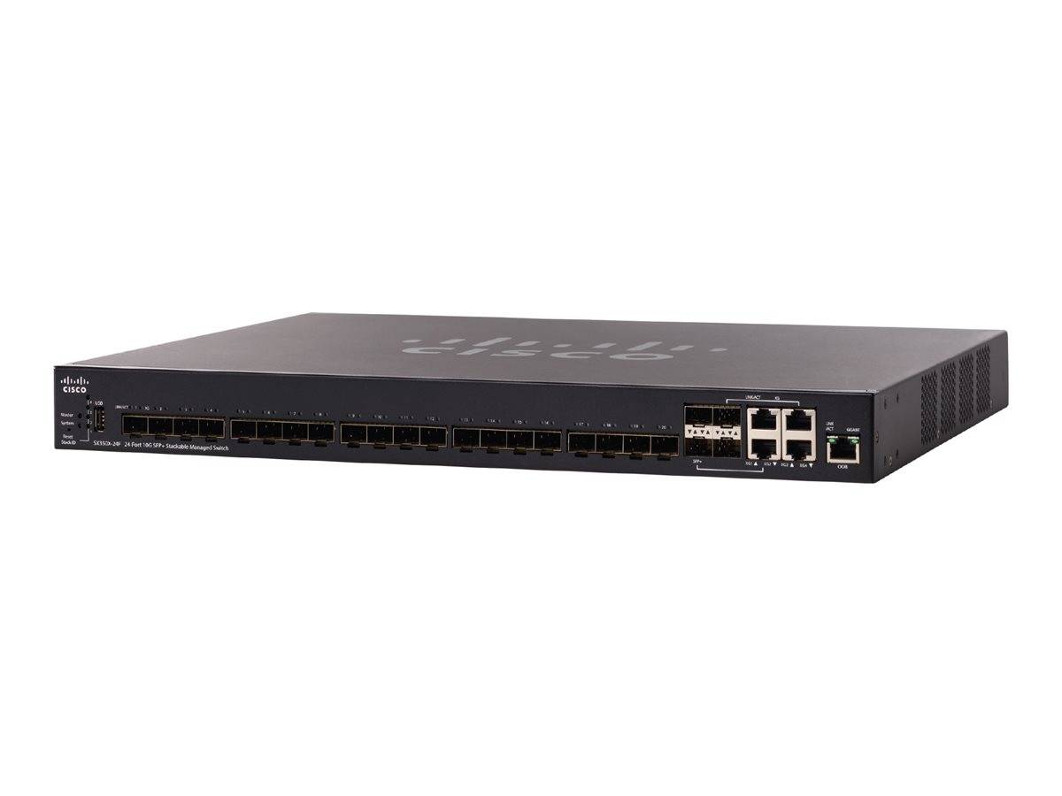 Schwarzer Cisco-Netzwerkschalter mit vielen Ethernet-Anschlüssen und vier größeren Uplink-Anschlüssen, dargestellt auf weißem Hintergrund.
