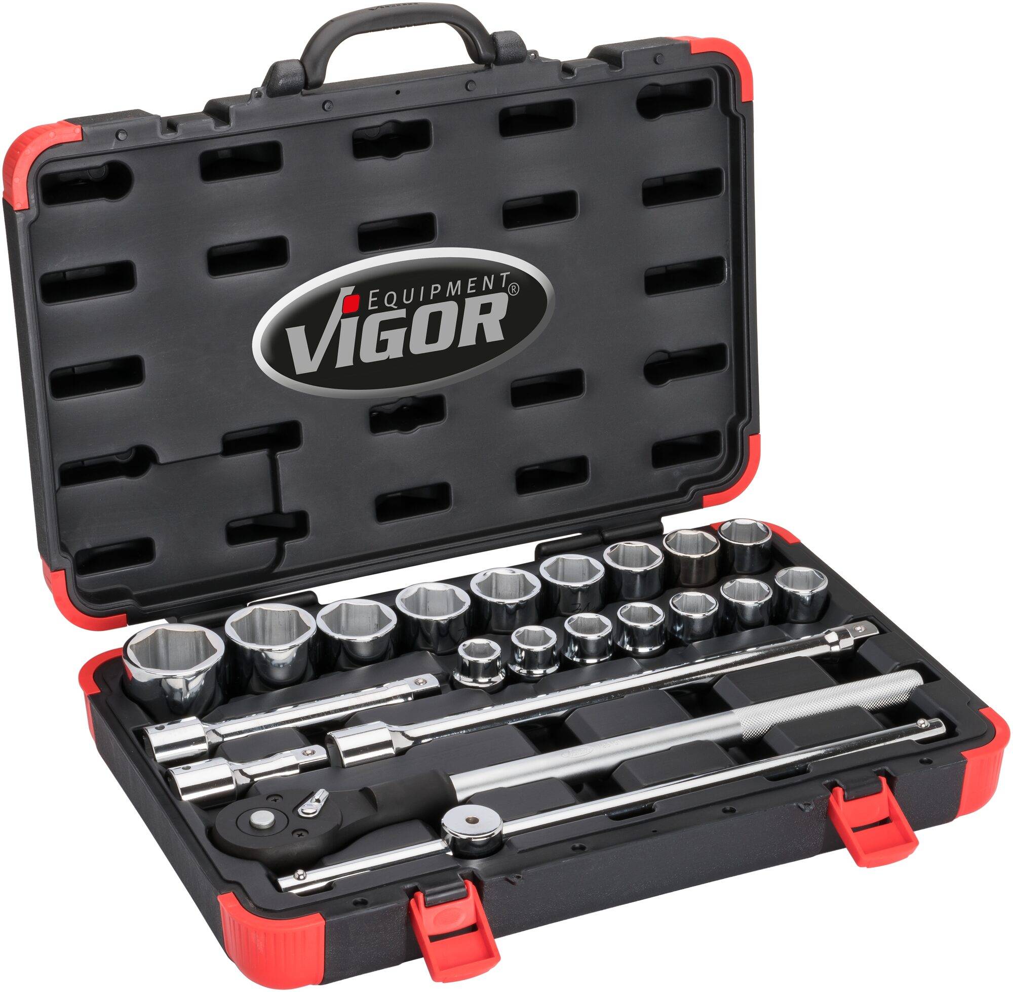 VIGOR Steckschlüssel Satz ∙ V2318N ∙ Vierkant hohl 20 mm (3/4 Zoll) ∙ Außen Sechskant Profil ∙ 19 – 50 ∙ Anzahl Werkzeug