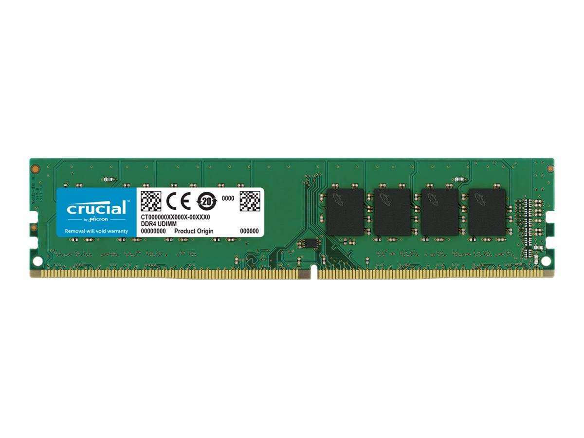 Grünes Crucial DDR4 Desktop-RAM-Modul auf weißem Hintergrund, das den Speicherstab und das Etikett zeigt.