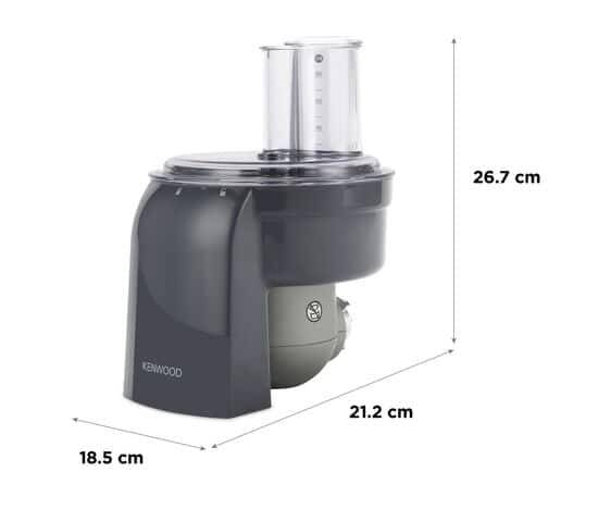 Produktabmessungen eines Kenwood-Küchenmaschinen-Diagramms: 26,7 cm hoch, 21,2 cm tief und 18,5 cm breit.