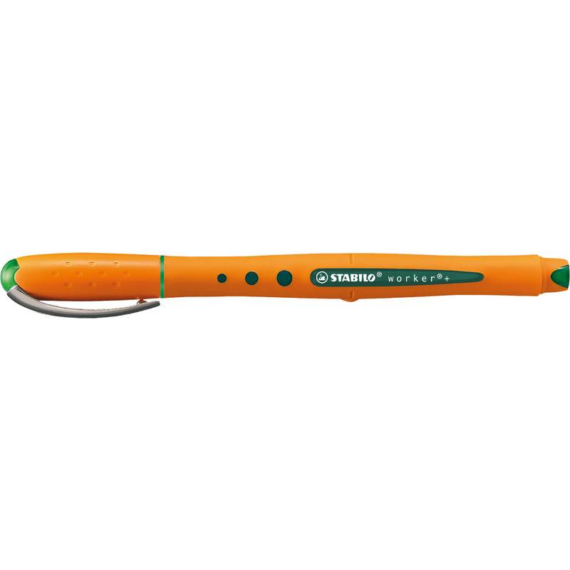 Orangefarbener Stift mit grünen Details, beschriftet als 'STABILO worker', ausgestattet mit ergonomischem Griff und modernem Design.