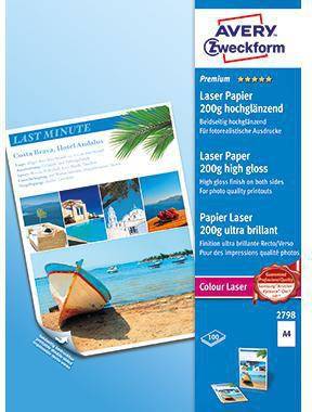 Avery Zweckform Laserpapier 200g Hochglanz, dargestellt neben einem Musterreisebrochurencover mit dem Titel „LAST MINUTE