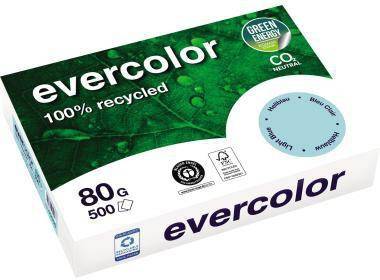 Packung Evercolor 100% recyceltes Kopierpapier, 80 g, 500 Blatt, mit Grünenergie- und CO2-neutral-Etiketten.