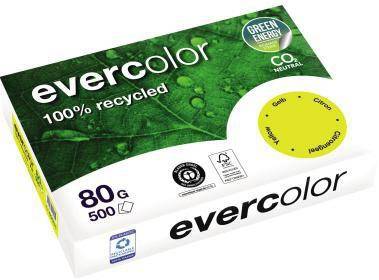 Karton Evercolor 100% Recyclingpapier, gekennzeichnet mit 80g und 500 Blatt, mit Grünstrom- und CO2-neutral-Logos.