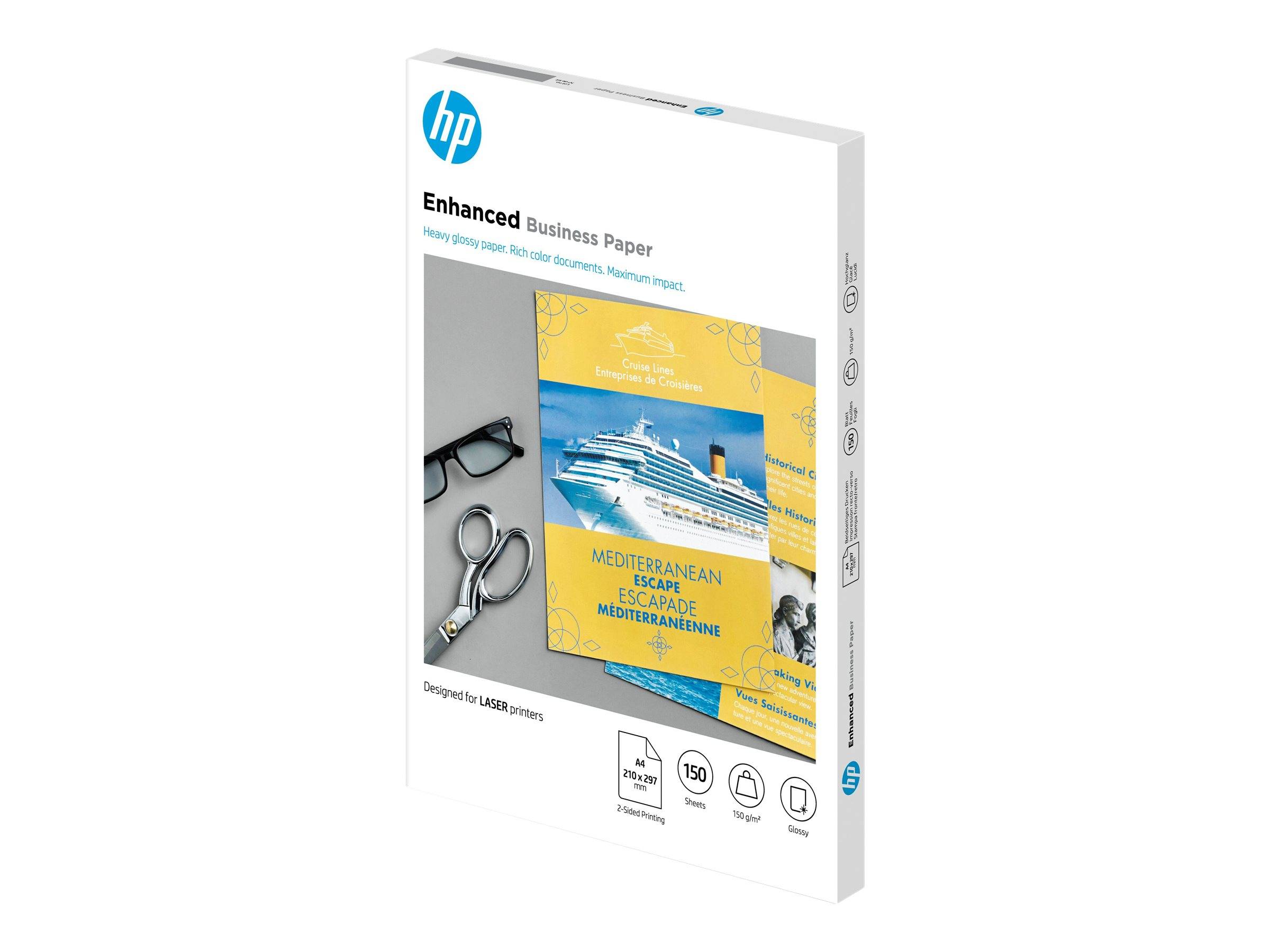 HP Enhanced Business Paper Verpackung zeigt ein Kreuzfahrtschiff-Broschürenbeispiel und Büroschere, gekennzeichnet für Laserdruck mit 150 Blatt.