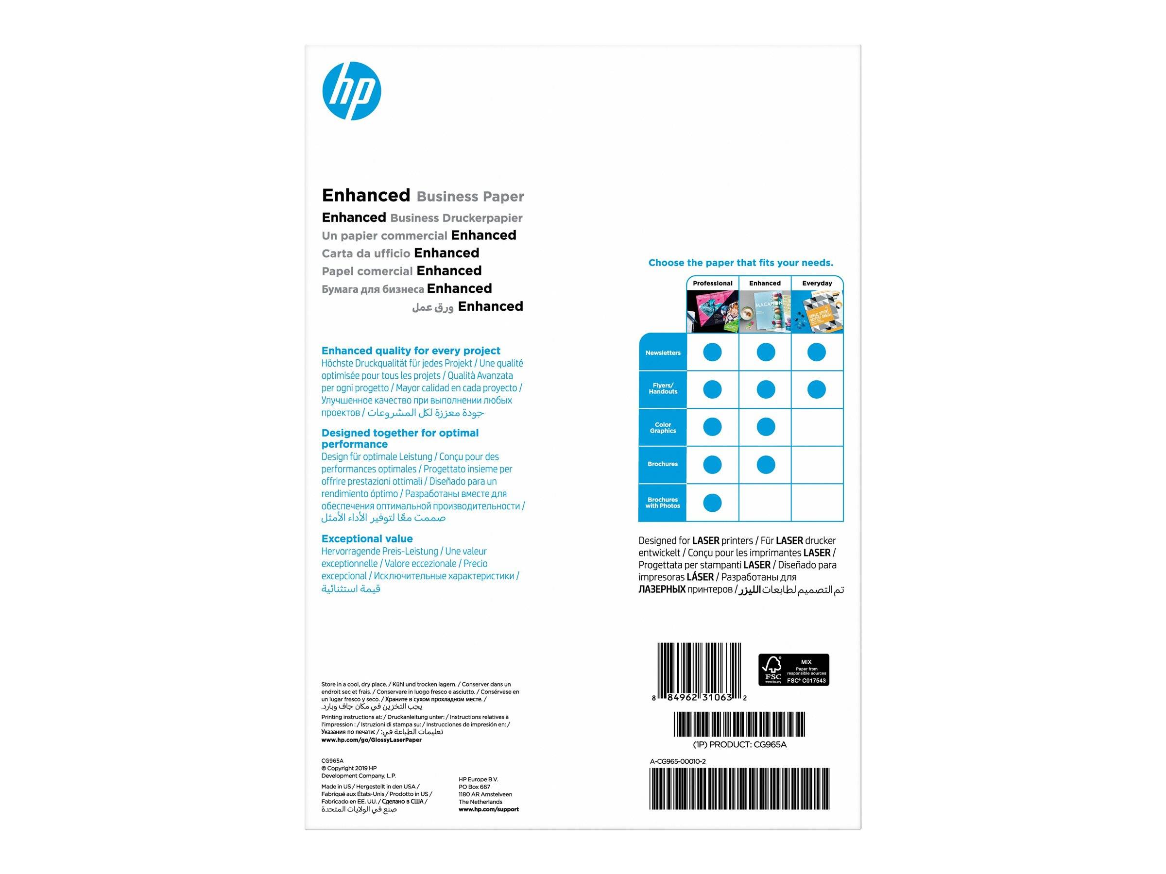 # HP Enhanced Business Paper Verpackungsrückseite mit Produktdetails, Papiertypentabelle, Nutzungsvorteilen und Barcodes.