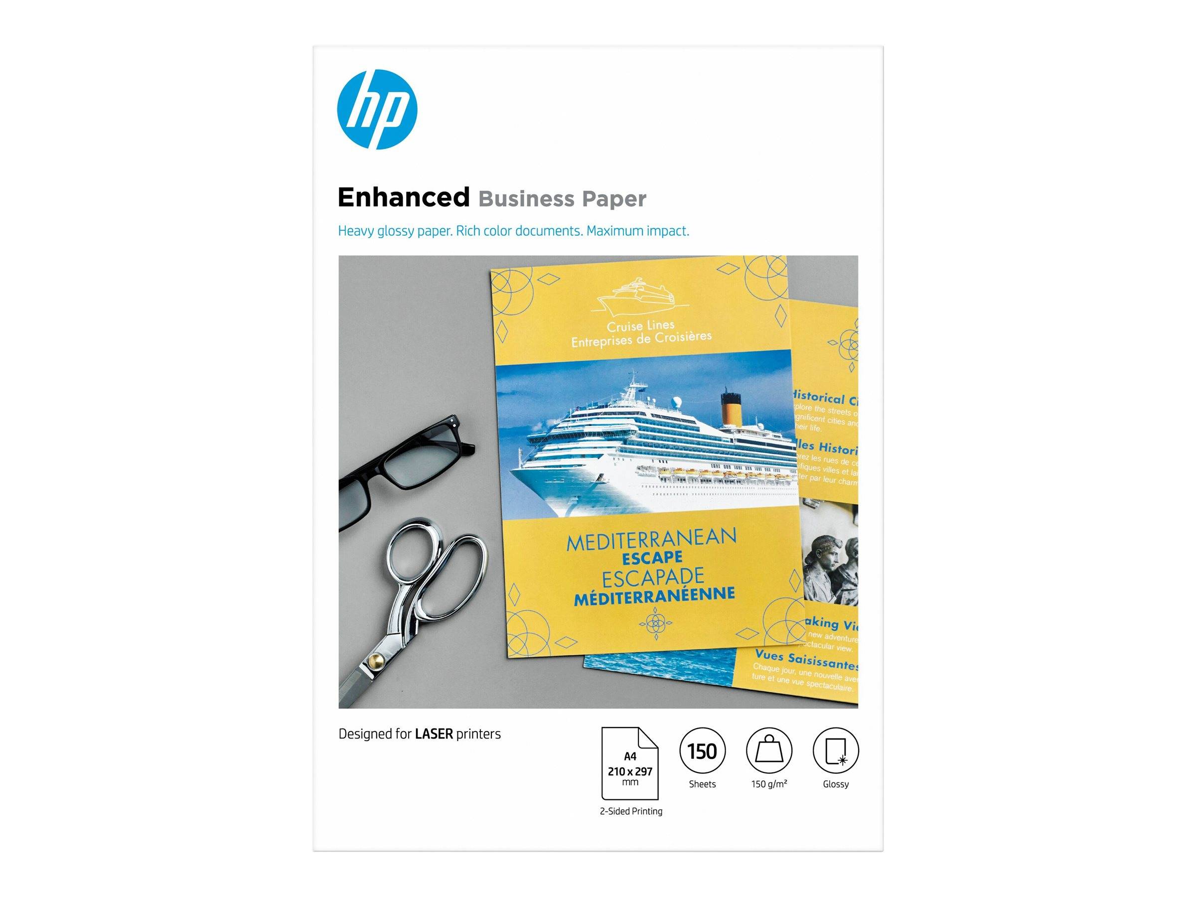 HP Enhanced Business Paper Verpackung mit einer Kreuzfahrt-Broschüre auf Glanzpapier, mit Symbolen für A4-Größe, 150 Blatt, 100 g/m² und Qualität für Laserdrucker.
