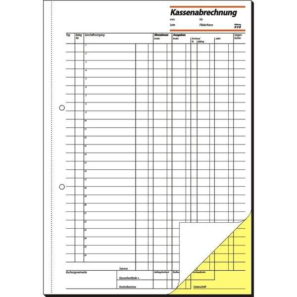 Formularbuch Kassenabrechnung A4 VE=2x50 Blatt