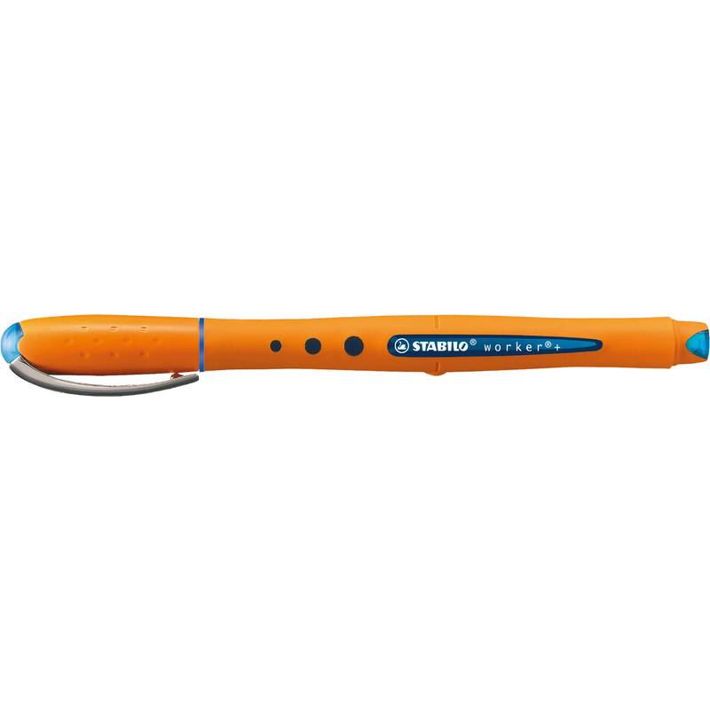 Orange-farbiger STABILO Worker+ Marker mit blauen Akzenten und Clip, gezeigt auf weißem Hintergrund.