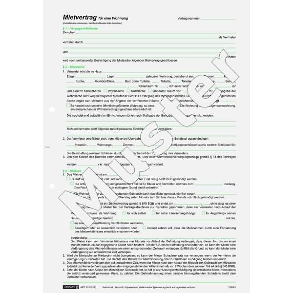 Mietvertrag für eine Wohnung A4 6 Blätter inklusive Hausordnung