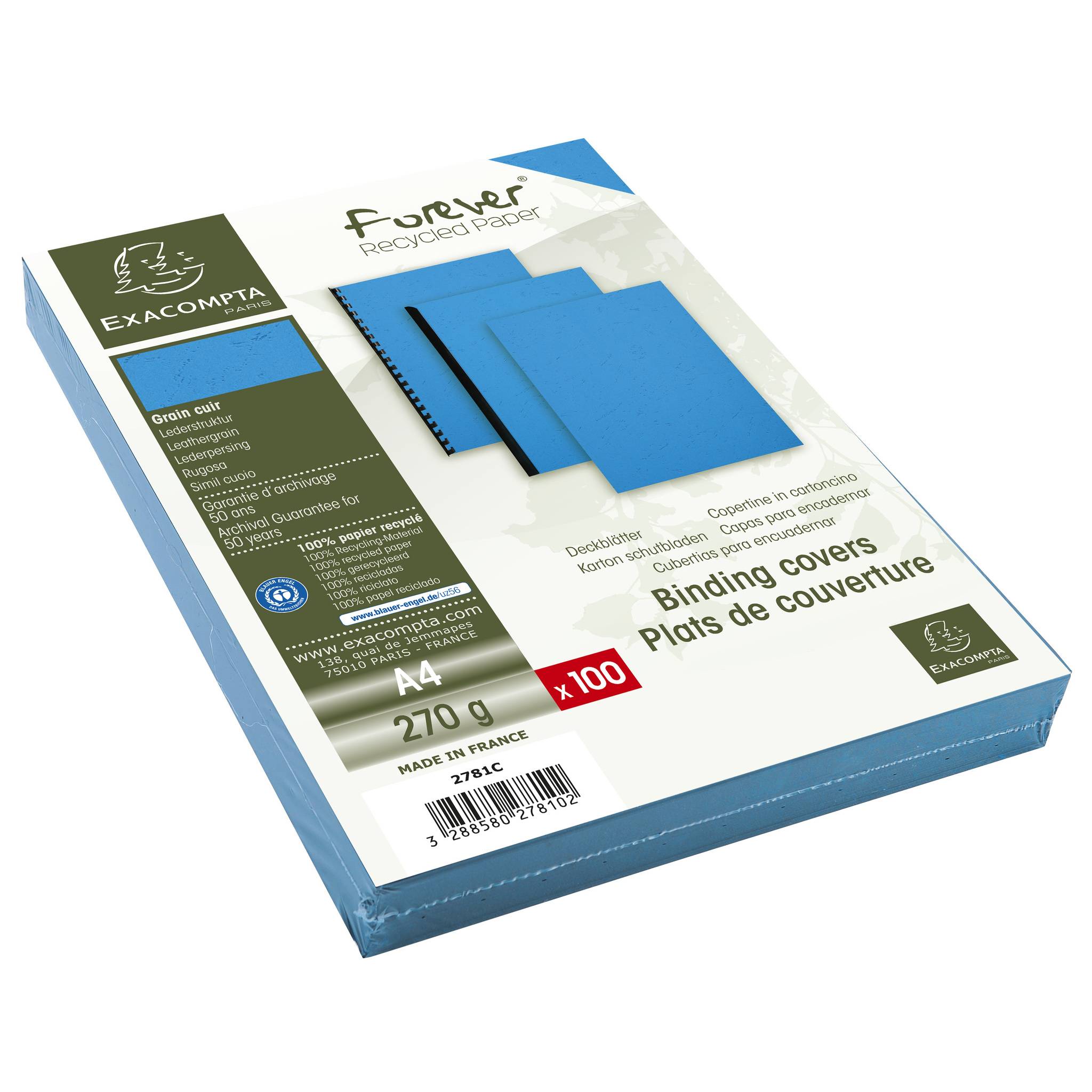 Exacompta 100er Einbanddeckel Evercover 270g/qm Lederprägung A4 Blau| 2781C