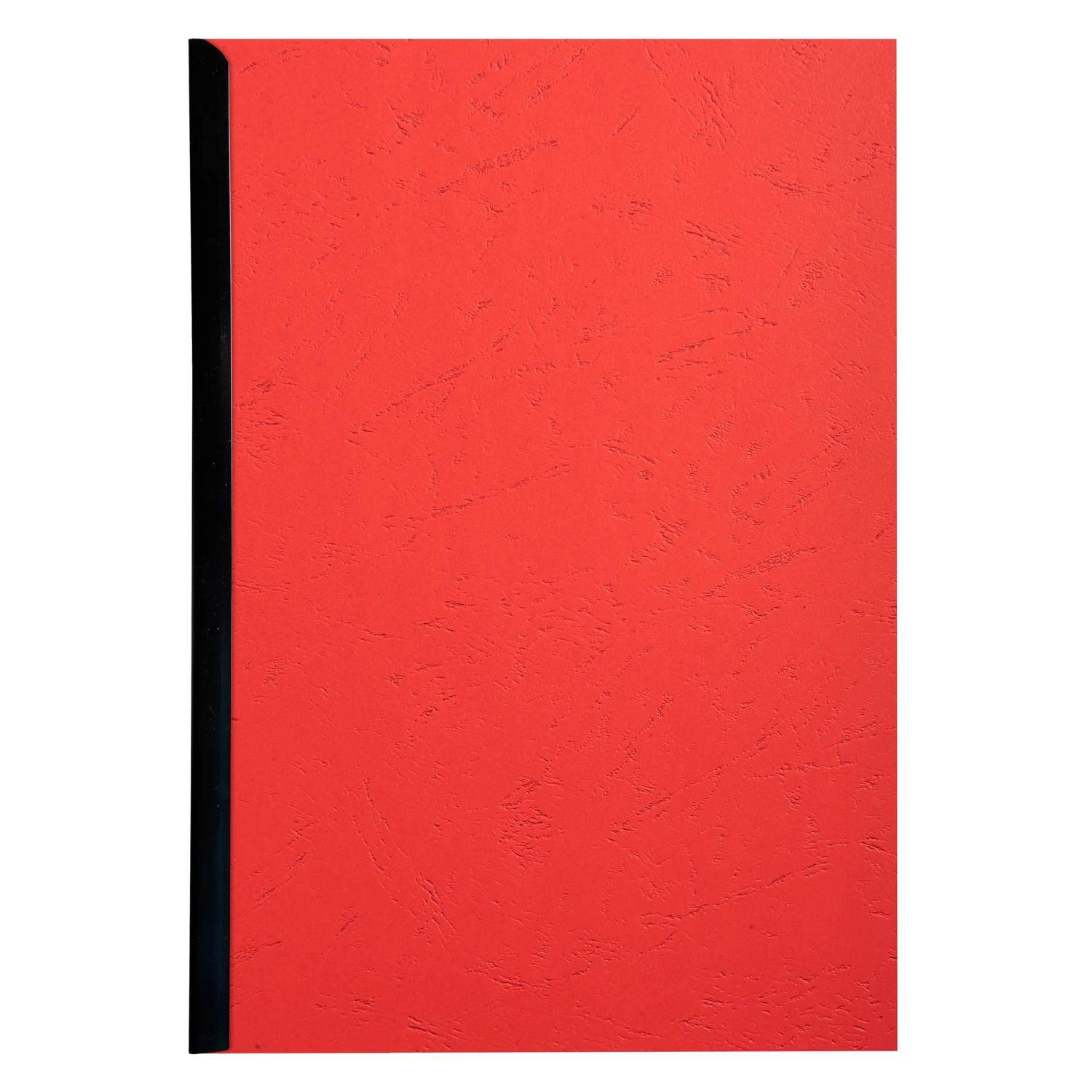 Rotes Hardcover-Notizbuch oder Ordner mit schwarzem Rücken auf der linken Seite, gezeigt vor einem einfachen weißen Hintergrund.
