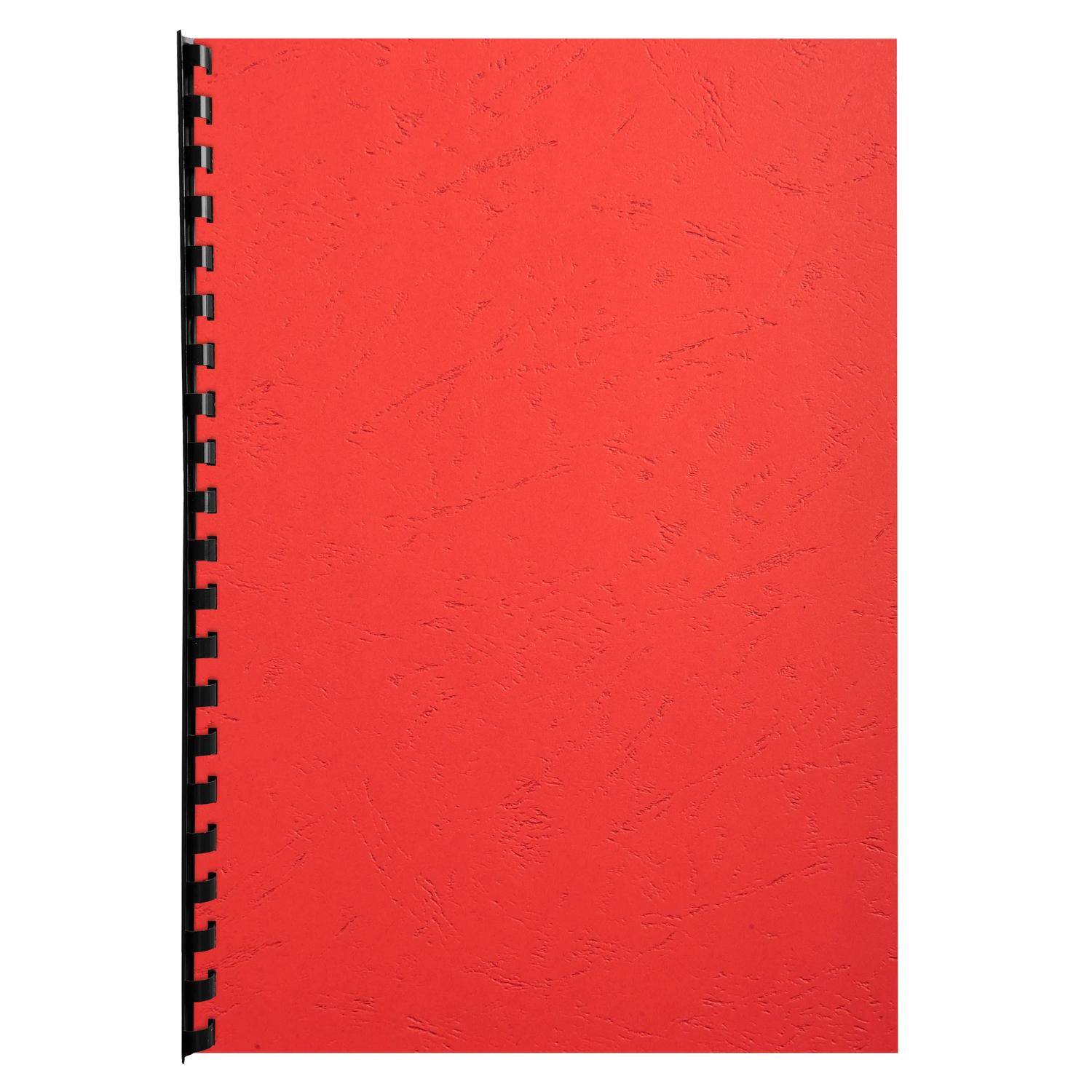 Rotes leeres spiralgebundenes Notizbuch mit schwarzer Bindung auf der linken Seite, von oben betrachtet.