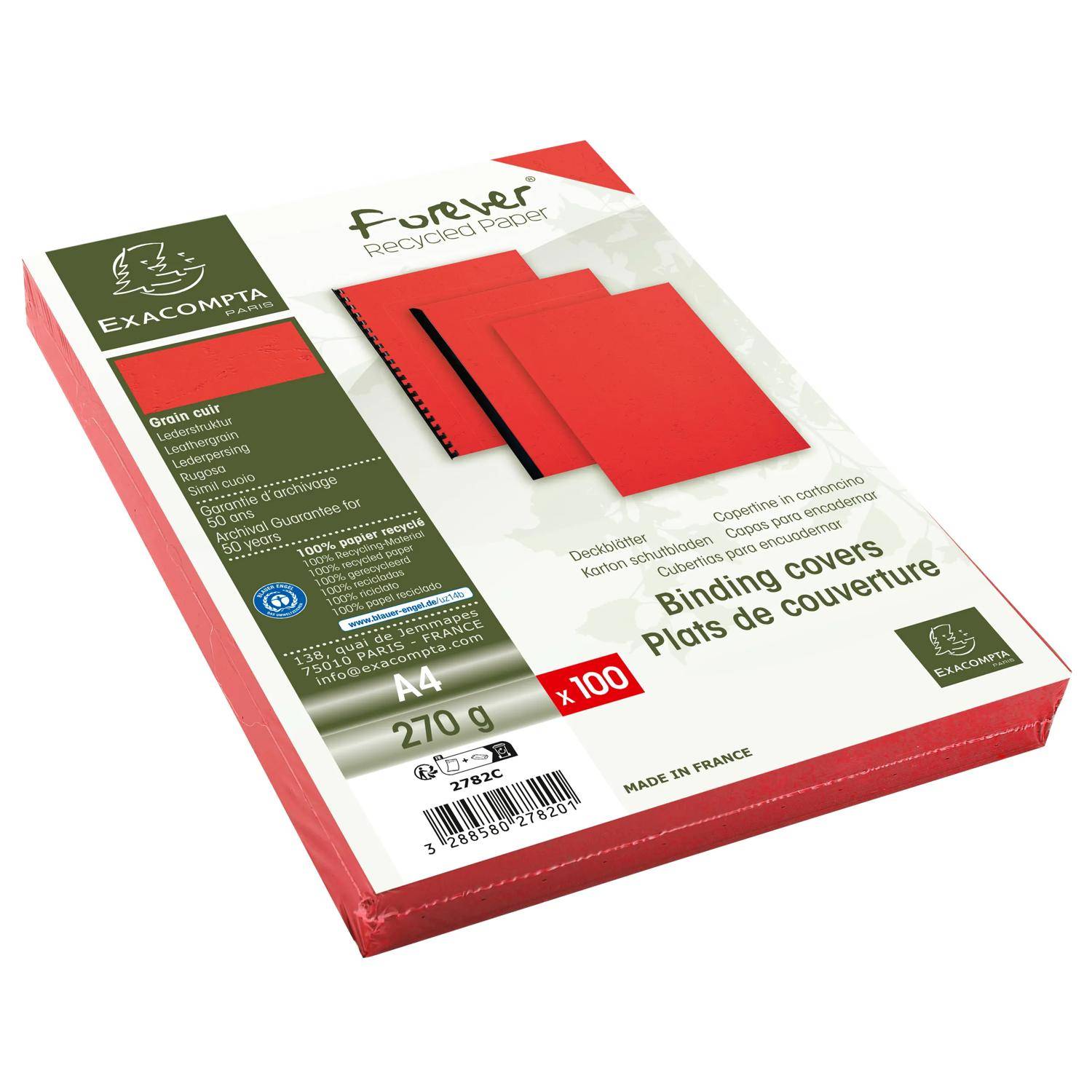 Ein Stapel rote A4-Recycling-Bindungsdeckel in einer Exacompta-'Forever'-Papierbox verpackt.