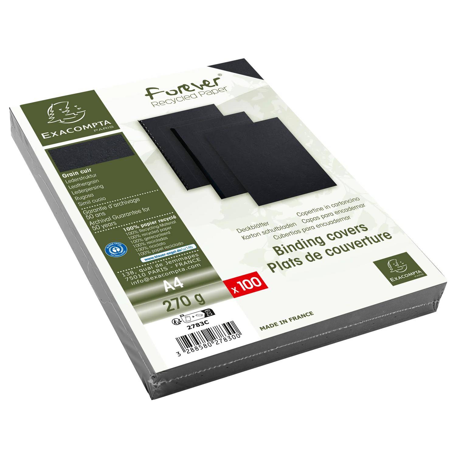 Packung mit Exacompta ForEver recycelten A4 schwarzen Bindungsdeckeln, 270 g, 100 Blatt, abgebildet in der Produktverpackung.
